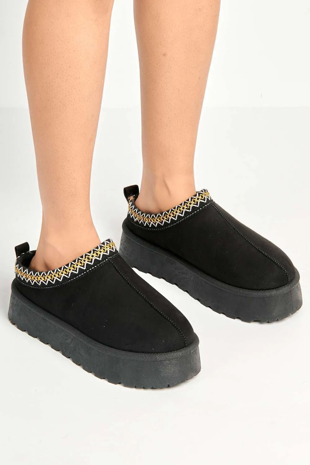 Astri Faux Fur Lining Knit Pattern Detail Flatform Slippers in Black