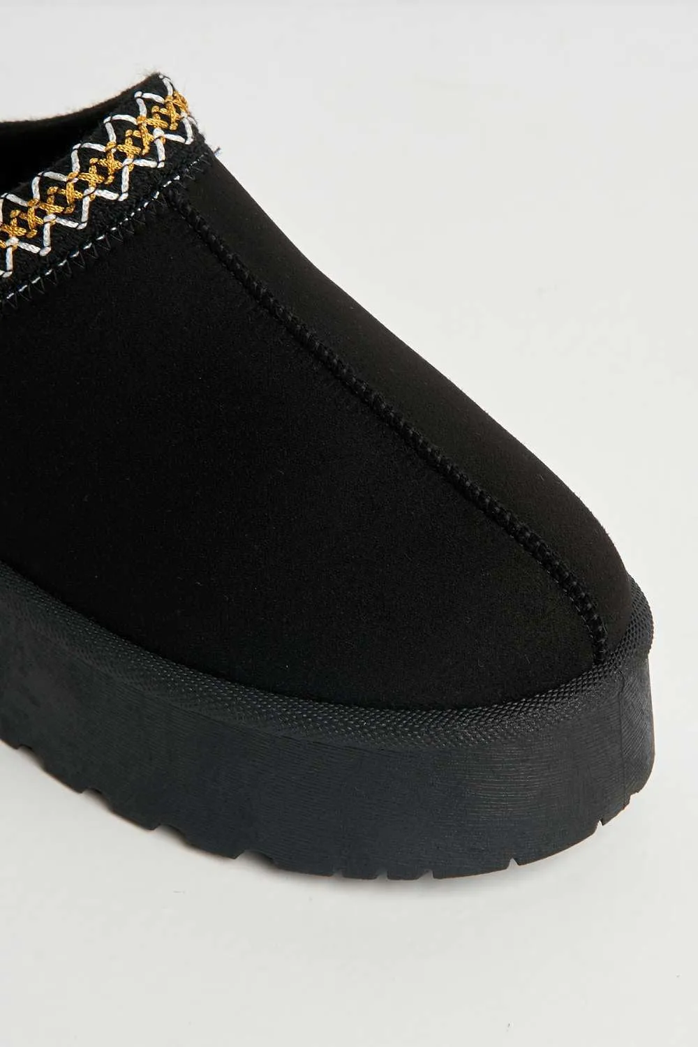 Astri Faux Fur Lining Knit Pattern Detail Flatform Slippers in Black