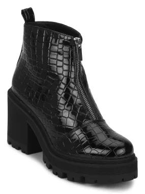 Black Croc Pat Mid Zipper Cleated Platform Block Ankle Boots