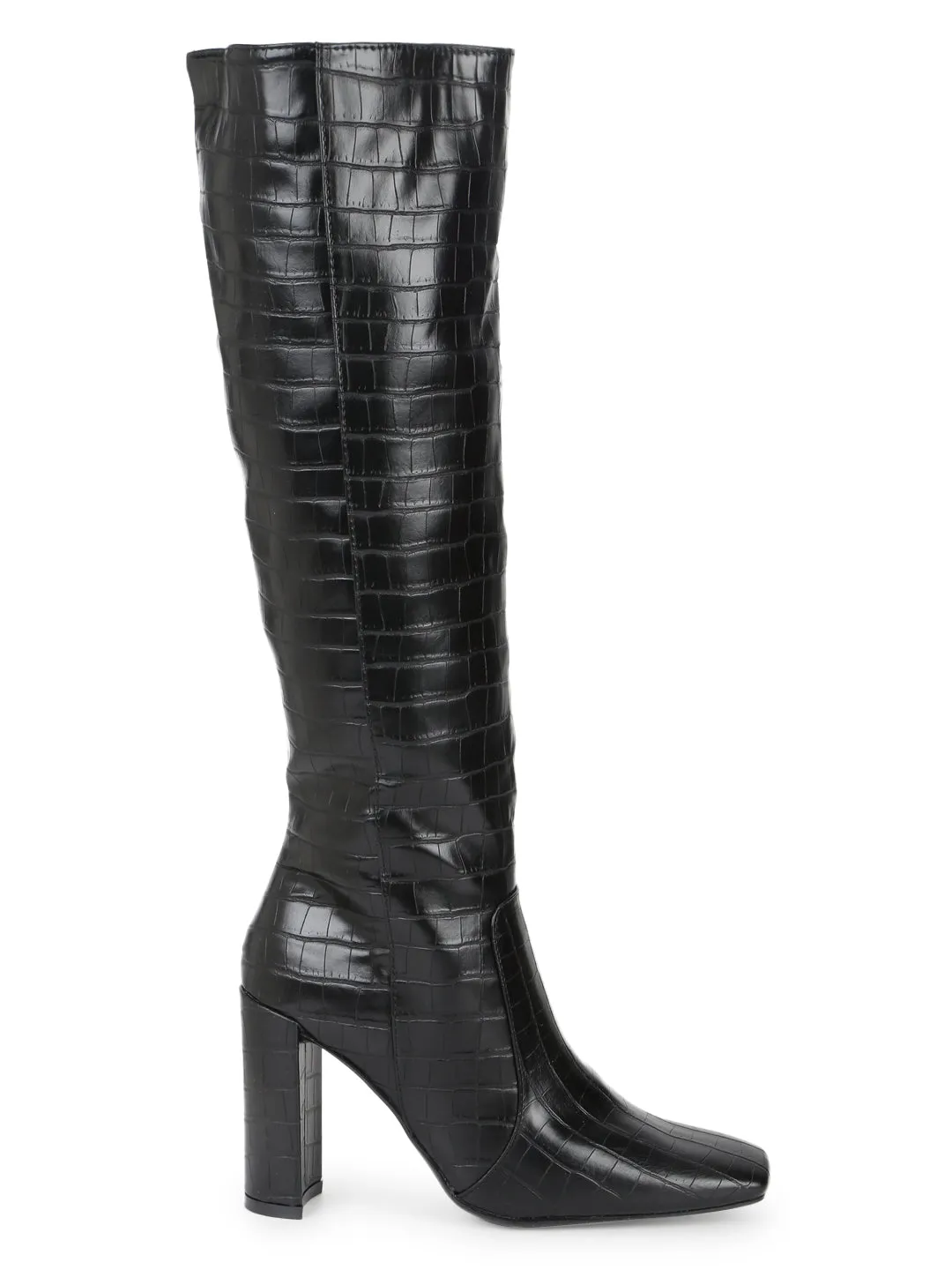 Black Croc PU Knee High Boots