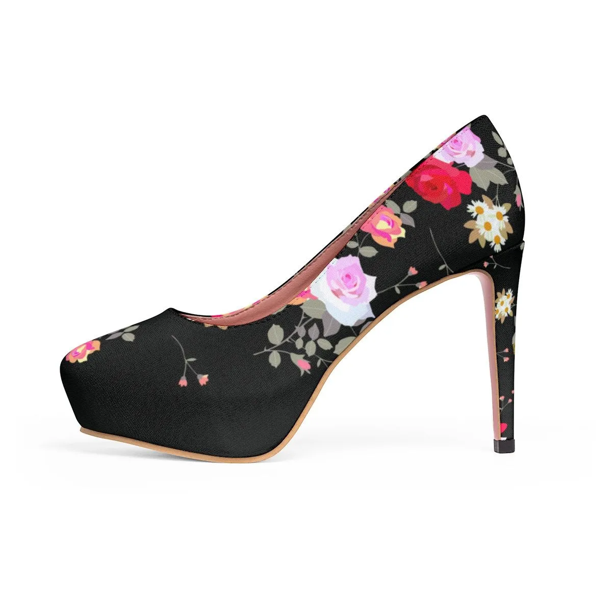 Black Floral Rose Heels, Flower Print Best Women's Platform Heels Stiletto Pumps Shoes