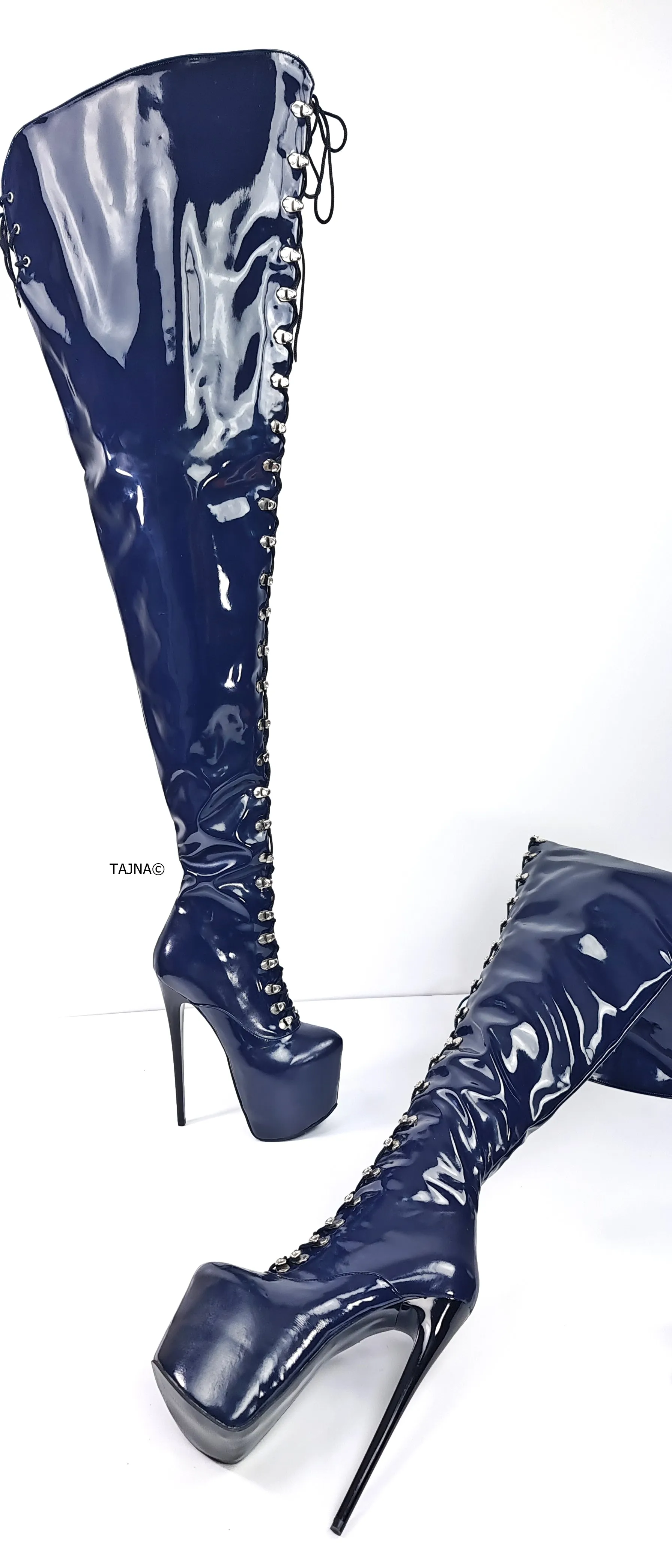 Blue Gloss 80 cms Long Thigh High Military Boots