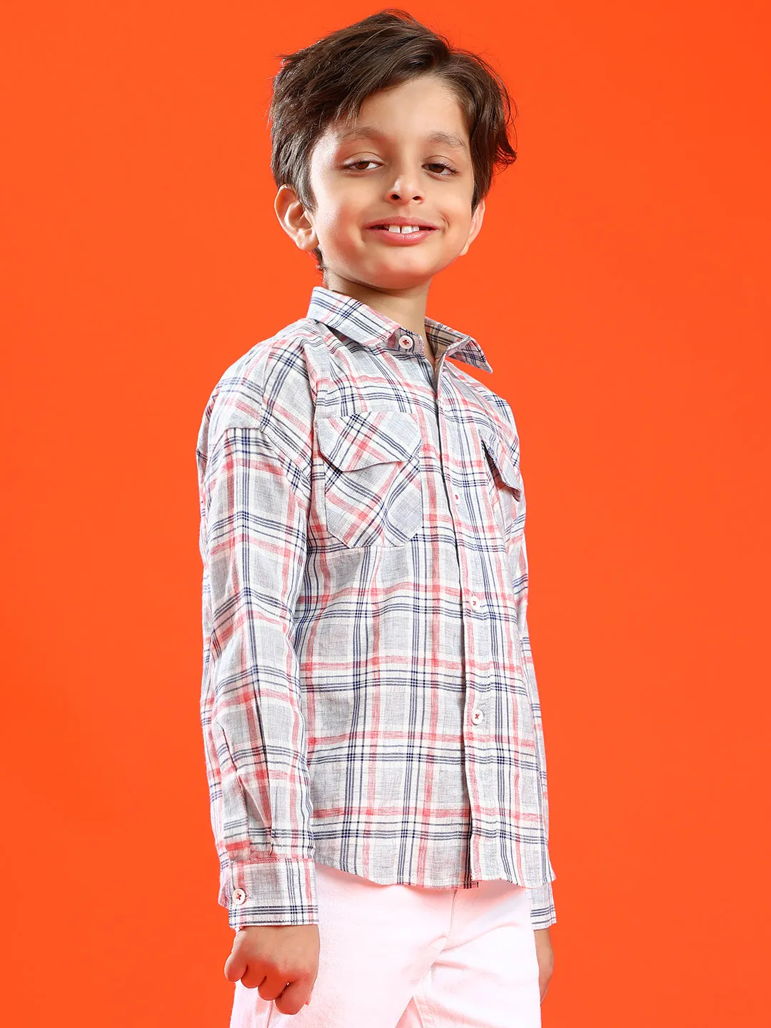 Boys Grey 100% Cotton Regular Fit Checked Shirt