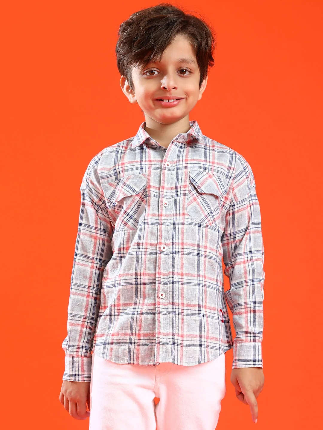 Boys Grey 100% Cotton Regular Fit Checked Shirt