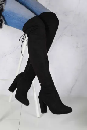 Cinda Block Heel Slim Over Knee Boot In Black Suede