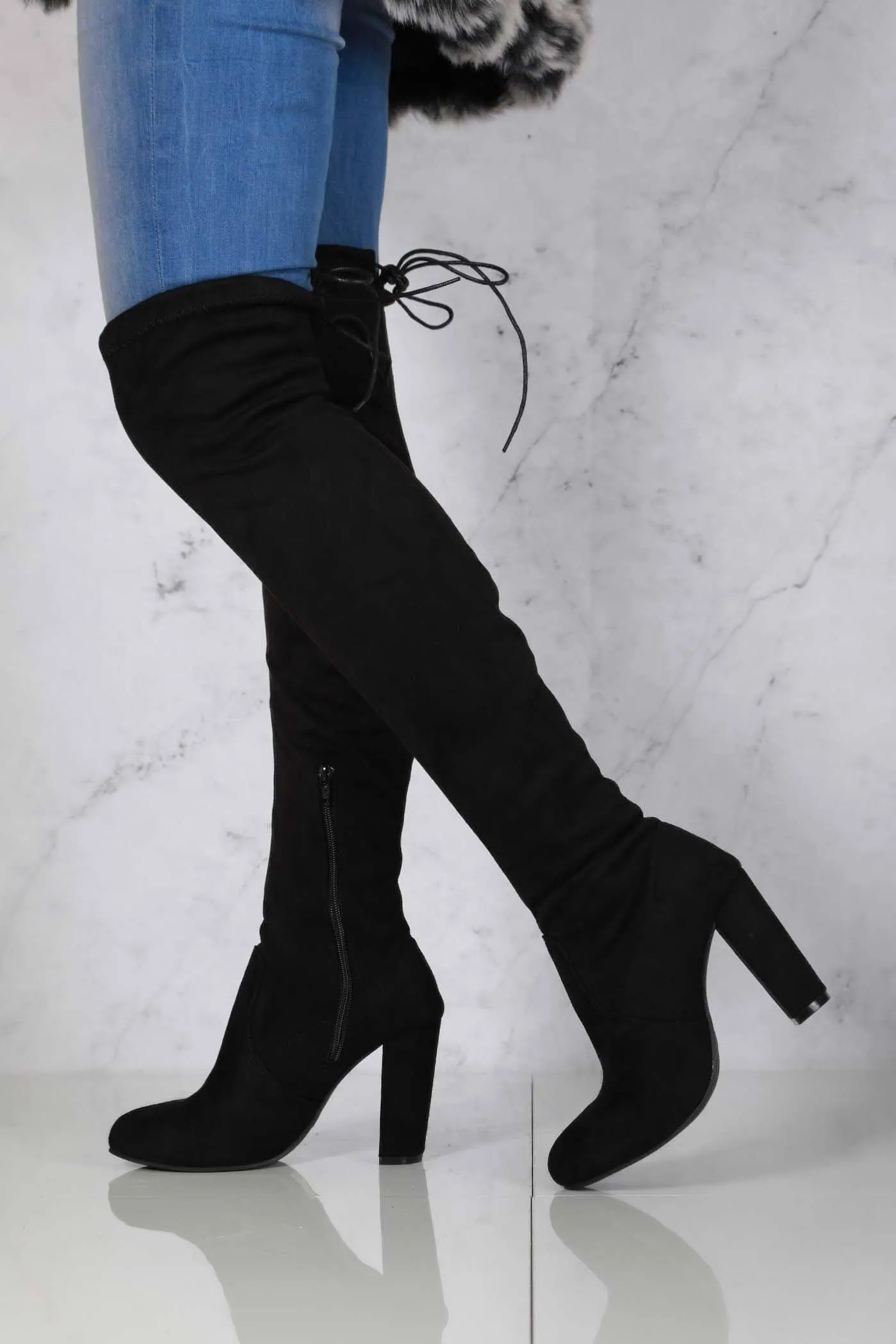 Cinda Block Heel Slim Over Knee Boot In Black Suede